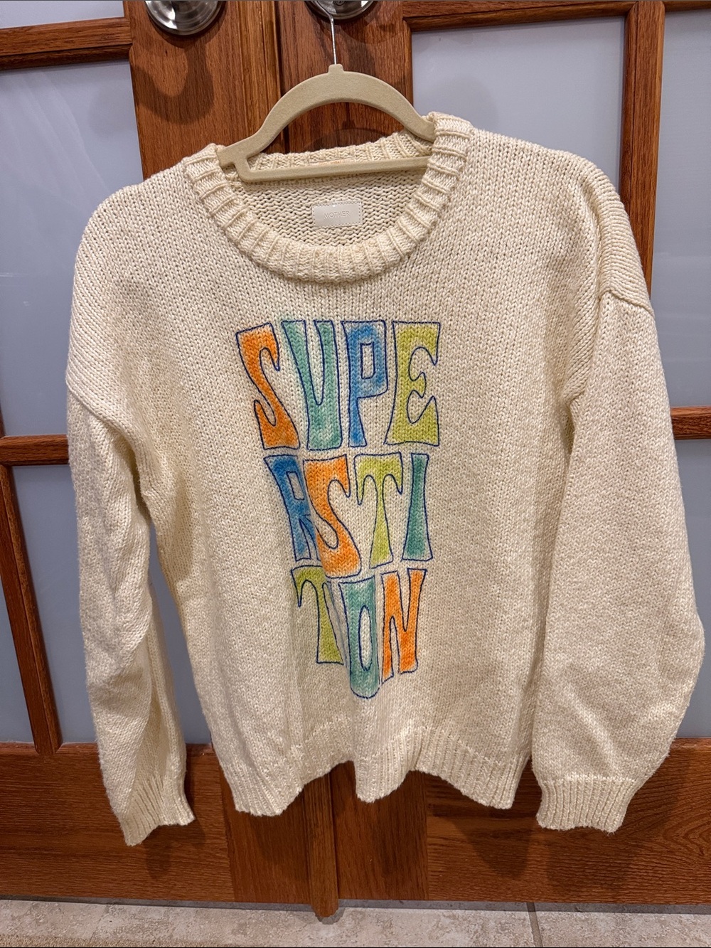 MOTHER Cream Crewneck Sweater with Multicolor Block Lettering
